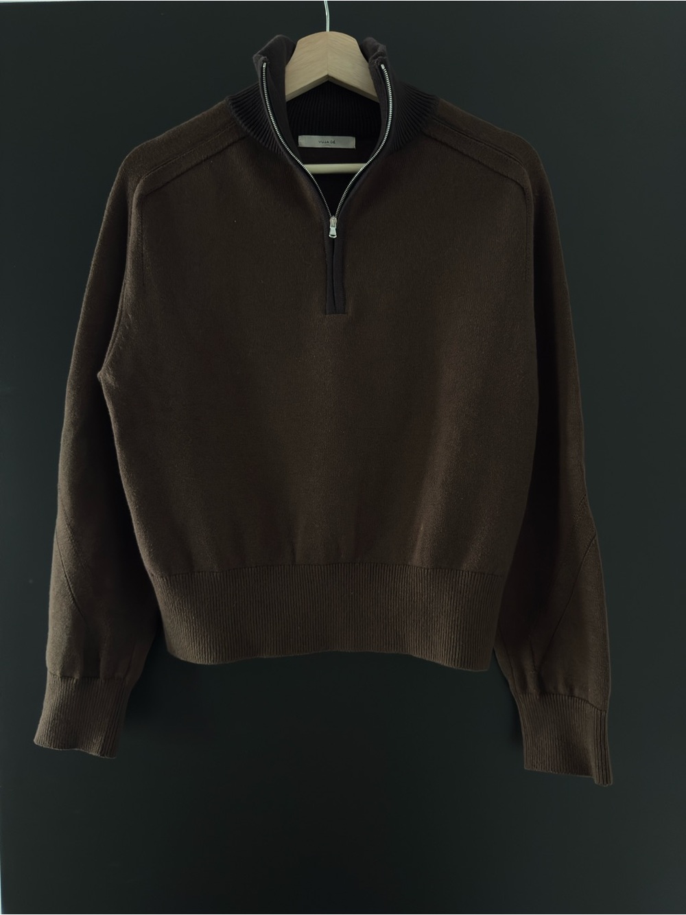 Vuja De - Frank Structured Half-Knit Zip Knit Sweater in Oak Brown and size S